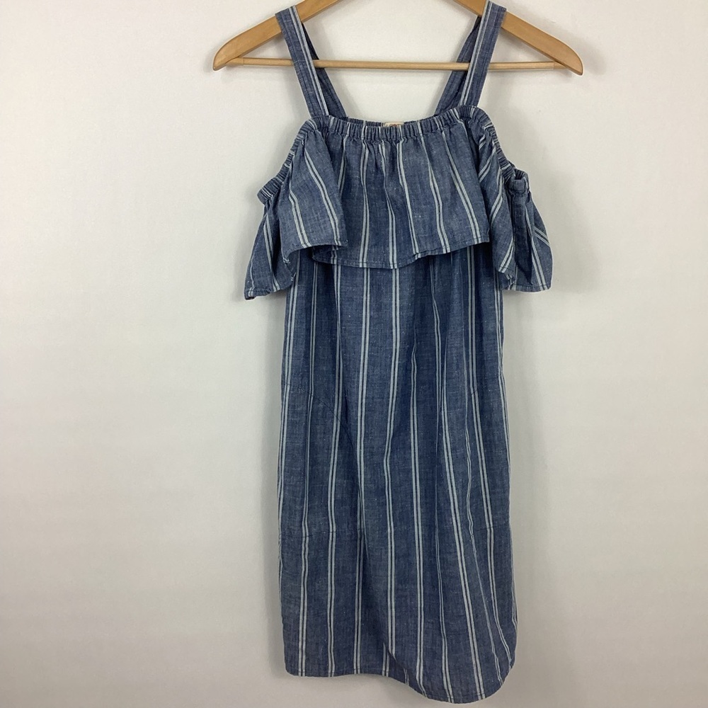 J. Crew Striped Chambray Ruffled Neck Dress Size XS
